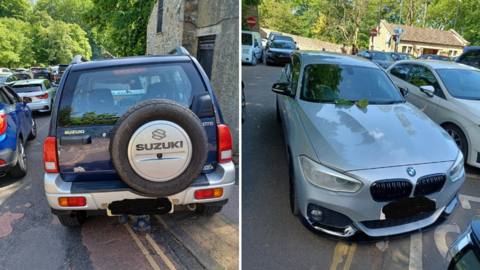 Two images of cars parked on kerbs and on double yellow lines.