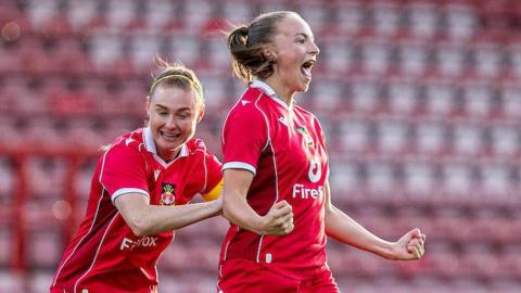 Lili Jones celebrates after scoring for Wrexham