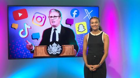 Nina in the studio with Keir Stamer in the plasma surrounded by tech logos