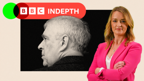 Treated image of Andrew with Laura Kuenssberg and In Depth branding