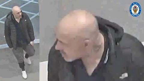 A composite image of two CCTV pictures of the same man. He is bald and appears to have stubble on his face. He is wearing a black top, white trainers, black and grey jogging bottoms and a black coat with a white logo on its breast