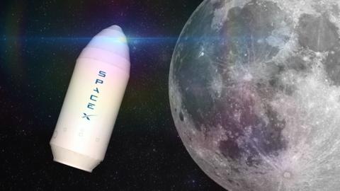 A mock-up of a spaceX upper section from a Falcon 9 rocket next to the moon.
