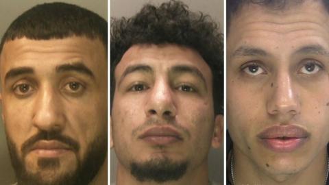 Three pictures of men's faces up close. They all have brown eyes. 