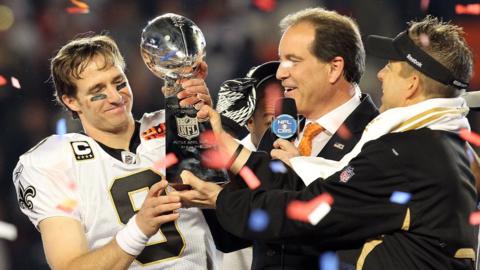 The New Orleans Saints lift the NFL Super Bowl trophy after winning in February 2010