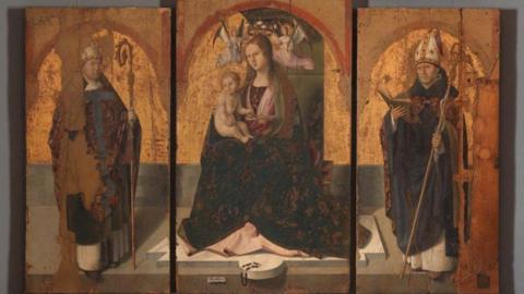 Three surviving panels of Antonello da Messina's San Gregorio Polyptych, showing the Virgin Mary and Christ, St Gregory and St Benedict