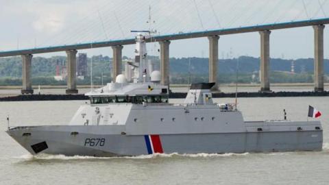 A French Navy patrol ship the Pluvier on the sea