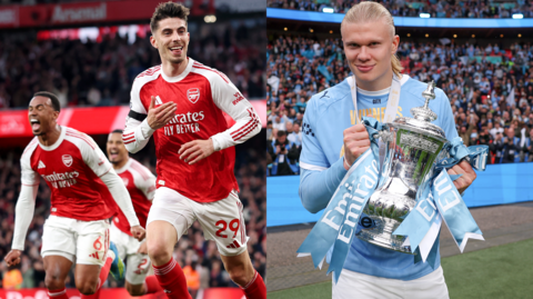 A split screen image of Arsenal's Kai Havertz celebrating and Manchester City's Erling Haaland holding the FA Cup