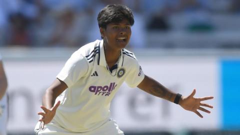 India's Kranti Gaud appeals for a wicket against England