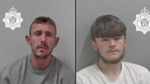 Two photos of two men are side by side. Mallabar on the left is wearing a grey top and Barker on the right is wearing white. The West Mercia Police logo is on both photos.