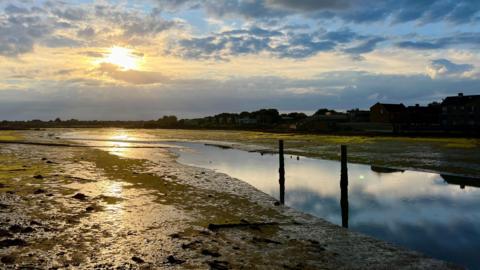 The sun reflects into water and seaweed in Gosport with a near-silhouetted row of buildings visible in the background.  