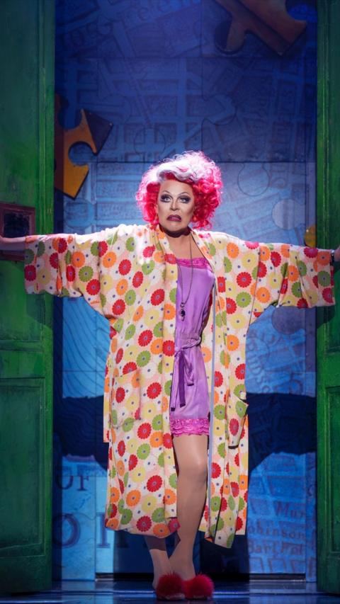 La Voix wearing a multi-coloured dressing gown and in a pink wig on stage