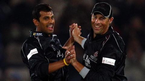 Arul Suppiah celebrates a wicket while playing for Somerset
