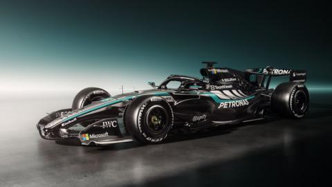 A side view graphic image of the 2026 Mercedes F1 car