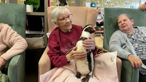 An elderly lady wearing a red jumper is holding a penguin. She is sitting in a pink chair with a tall back. Next to her is another woman, sitting in a similar chair which is green.