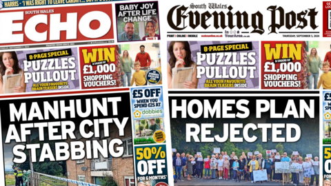 Front pages of the South Wales Echo and South Wales Evening Post