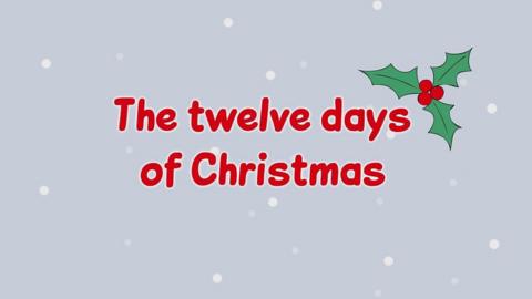 Red text reads 'The twelve days of Christmas' on a grey background with white snow falling and a holly leaf.