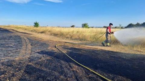 Aftermath of Rainham grass fire shows a firefighter with a hose on a piece of blackened land