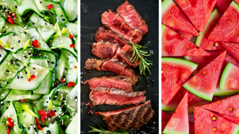 A picture of cucumber slices, pieces of meat and slices of watermelon
