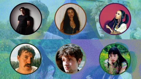 A picture of six musicians. There is six images all circled. It is a graphic with a blue background.