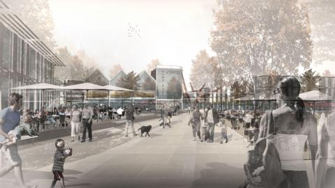 Artist's impression of the development showing a busy town centre street with people walking on it, including children and a dog. It is in a sepia style and looks like a photograph but transparent. There are buildings to the sides of the street and one ahead that says 'Elms Park Centre' on it.