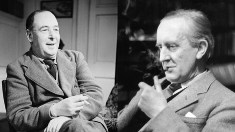 Two black and white photos of Lewis wearing a wool coat and a thick tie. He has thin, dark hair and is clean shaven and also holding a cigarette. Tolkien is pictured smoking a pipe wearing a tweed suit with slicked back hair.