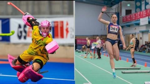 Amy Hughes makes a save and does the long jump