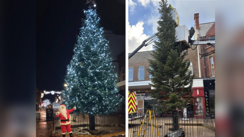 On the left, Santa Claus stands next to a lit-up Christmas tree at night time; on the right, this year's tree - pictured at daytime, shortly after being lowered into place - it is narrower and more spindly in structure than the tree on the left. 