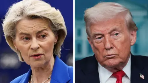 Split image of Ursula von der Leyen, a lady in a blue suit with blonde hair, and Donald Trump in a dark suit and red tie.