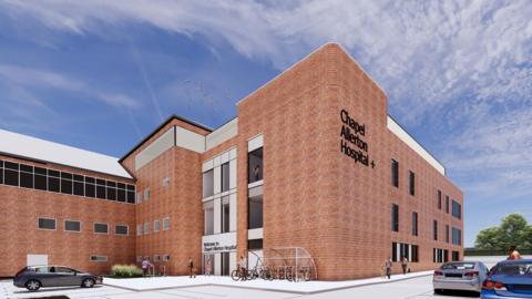 The image shows a digital architectural rendering of a modern brick hospital building. A Chapel Allerton Hospital sign is shown in black lettering on the right-hand side. 