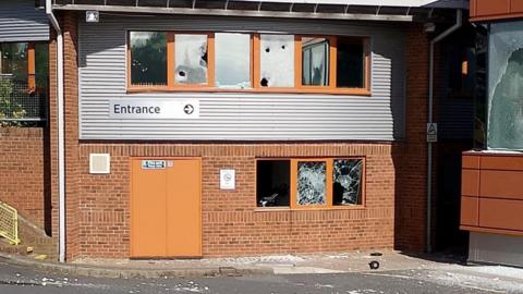 Exterious of The Dukeries Leisure Centre in New Ollerton with smashed windows