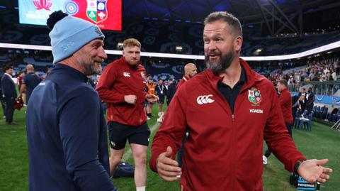 Mike Catt and Andy Farrell chat after the match