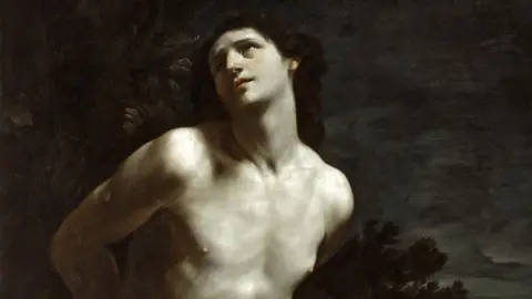 A painting depicting Saint Sebastian from the chest up, with dark clouds in the background.