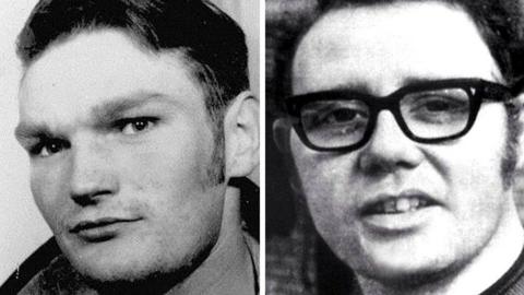 James Wray and William McKinney. Two separate photos next to each other of two men. the photos are black and white. Both men have dark coloured hair and Mr McKinney wears glasses. 
