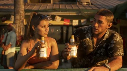 GTA 6 characters Lucia and Jason hold drinks while sat at a bar