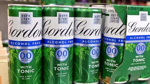 Gordon’s Alcohol Free Gin & Tonic cans displayed on a supermarket shelf. The green-and-white cans are labelled “Alcohol Free”, “0.0% Alc/Vol”, and “With Tonic and a Hint of Lime”, with a partially visible four-pack carton on the right.