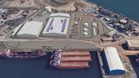 A computer generated image showing two main warehouse buildings, one displaying the words Wastefront, superimposed onto an aerial image of the existing Port of Sunderland 