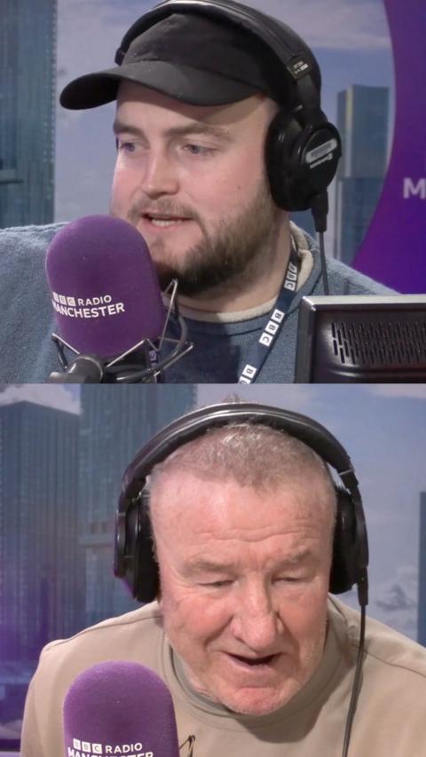 Two men presenting on the radio, talking into a purple BBC Radio Manchester microphone.