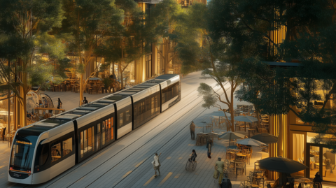 An artist's impression of a forest city. A modern tram runs through a street between high rise buildings which have orange light coming out of them. People can be seen walking along the street. Tables and chairs sit outside some of the buildings and there are a lot of trees and greenery.