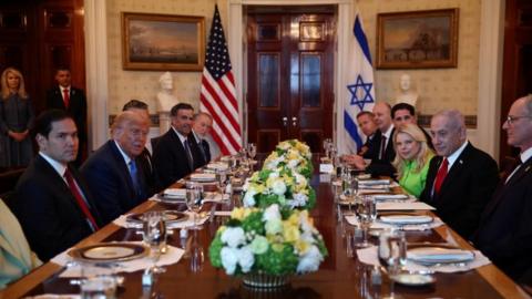 US President Donald Trump meets with Israeli Prime Minister Benjamin Netanyahu at the White House in Washington DC on 7 July 2025.