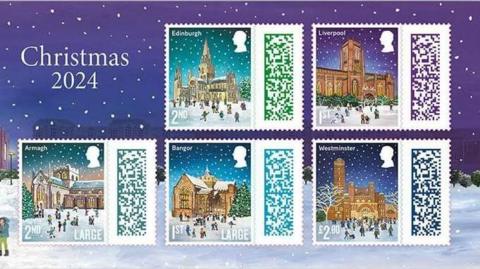 An image showing all five of the stamp designs with a snowy Christmas scene background.