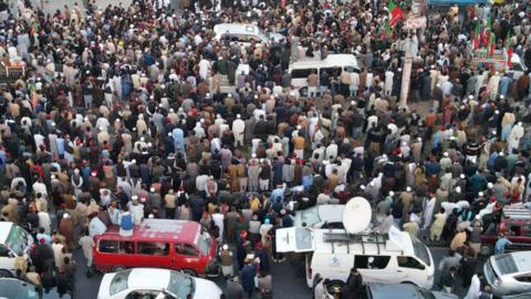 Supporters of jailed former Pakistan's prime minister Imran Khan's Pakistan Tehreek-e-Insaf (PTI) party gather during a protest demanding his release, in Swabi, northwestern Khyber Pakhtunkhwa province on November 24, 2024