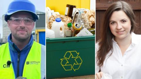 Montage: Man in a hi-vis and hard hat smiling at he camera; a green recycling box filled with items including an empty milk bottle, bottles and paper; A woman with long dark hair smiling at the camera as she holds a rubbish bag