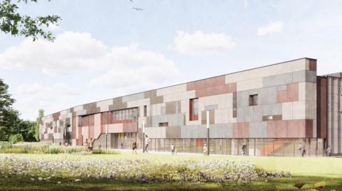 A computer generated image showing what the new centre will look like. It is set in a park with trees and wildflowers. The centre is a long flat-fronted building with various colours of sandstones from blonde to red. There are large glass windows along the bottom of the building.