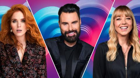 Composite of Angela Scanlon, Rylan Clark and Sara Cox pictured against the Eurovision logo