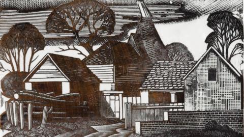 A print of an engraving, depicting a farmhouse and an oast house.