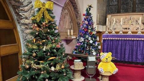 Two Christmas trees decorated with tinsel and baubles. There is a BBC decorative microphone and a Pudsey bear.
