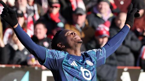 Leicester's Patson Daka celebrates his goal against Cheltenham