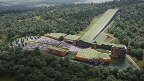 A computer generated picture showing a number of large buildings set into the side of a hill with trees. One of the buildings is very long and narrow in shape and sloped down the hillside.