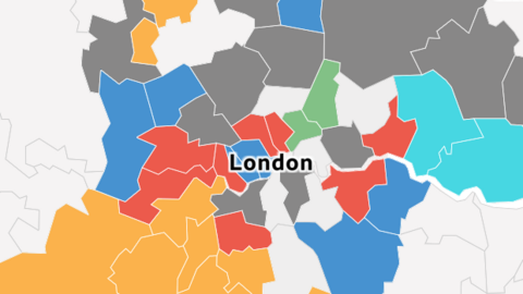 A map of London with boroughs represented in red, blue, turquoise, blue and grey