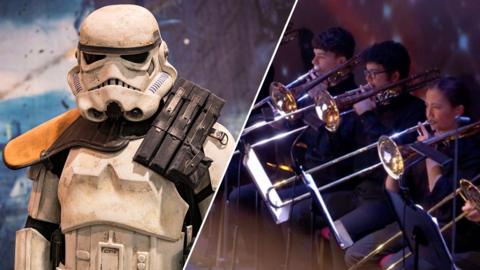 Stormtrooper and Band playing trumpets 